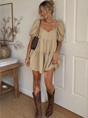 Ganni Puff Sleeve Tiered Mini Dress in Beige